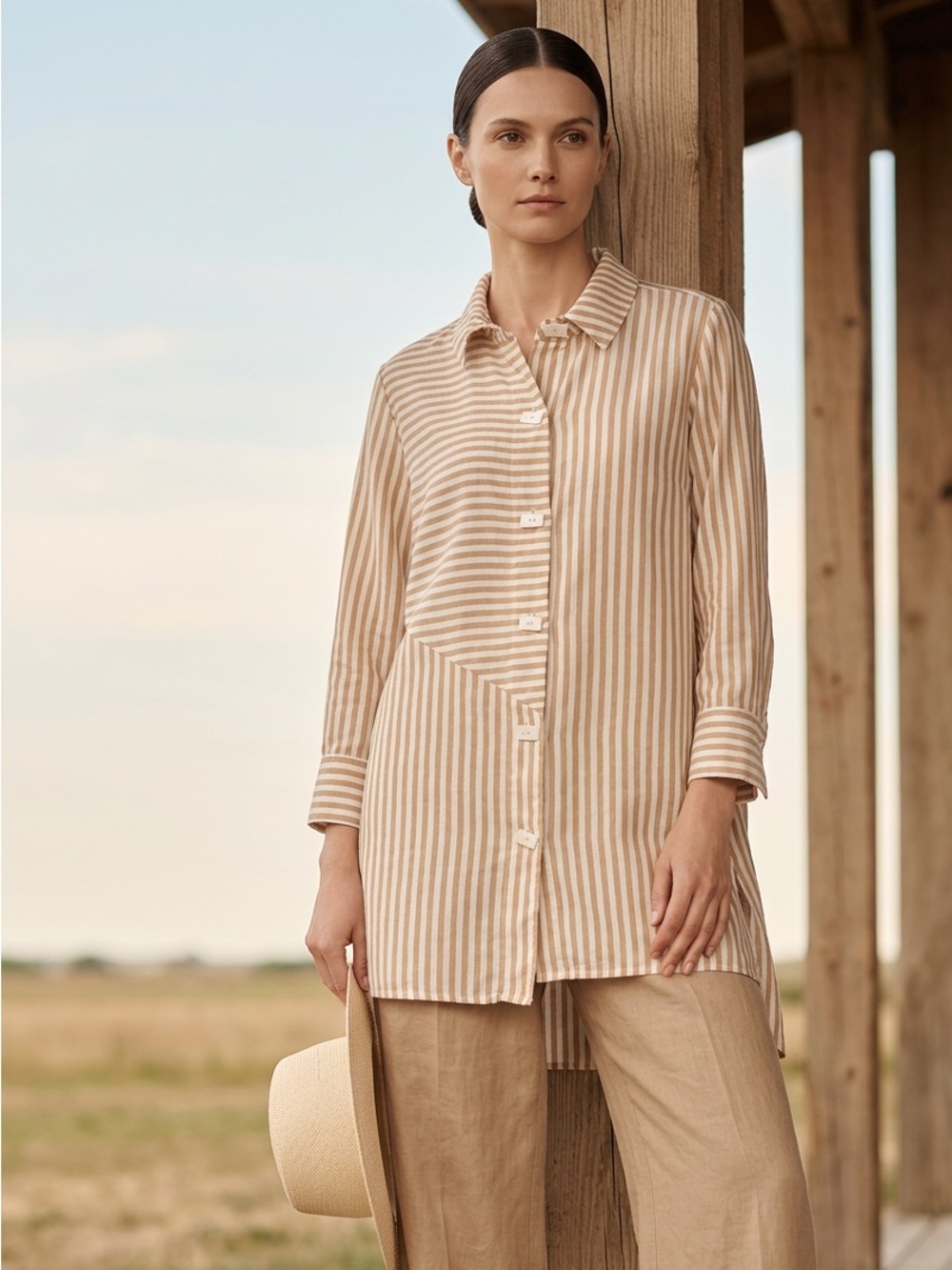 Soft Surroundings Womens  Large Beige Asymmetrical Striped Tunic Button Up Shirt